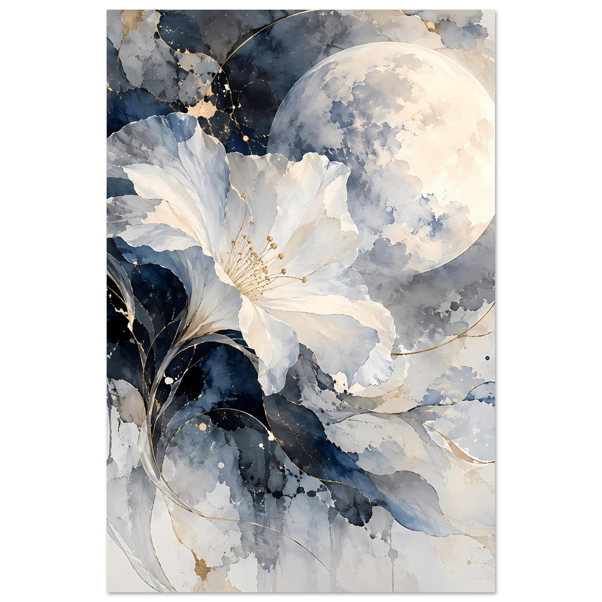 Poster mit Mondsichel und weiß-blauer Blüte, akzentuierte dunkle Federformen und Sprenkel
