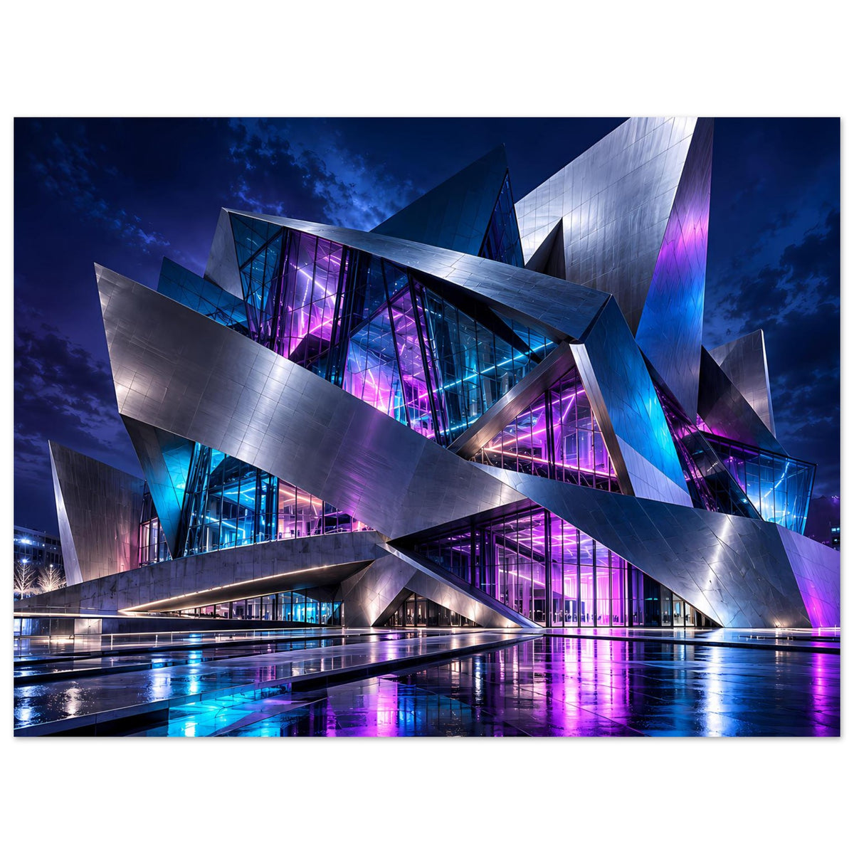 Futuristisches Architekturposter, Querformat: diagonale Metallträger mit blau-violetten Fassadenlichtern
