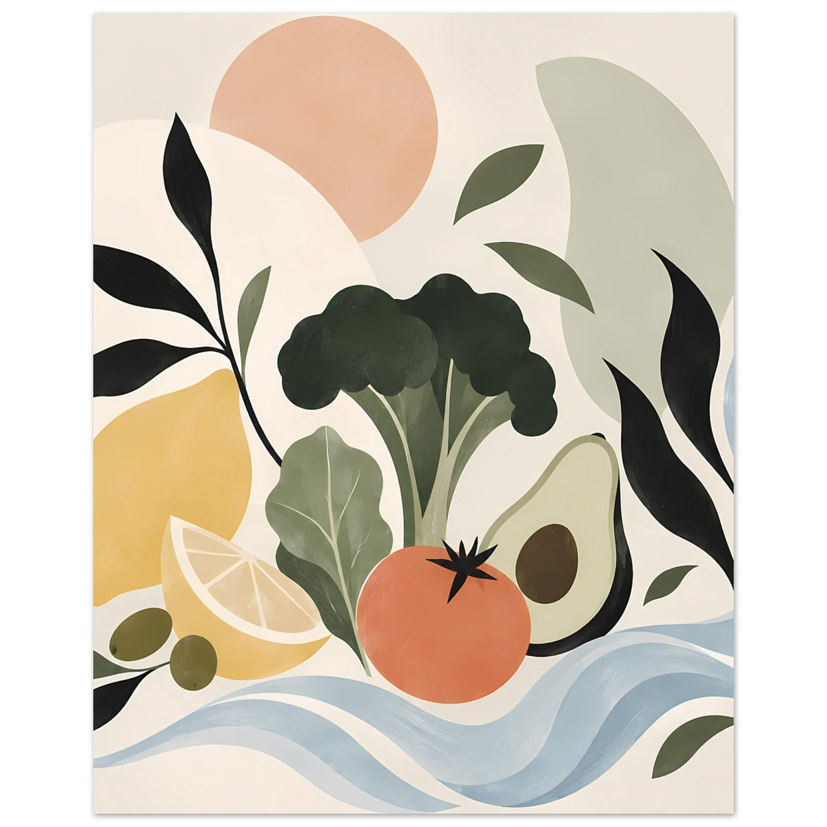 Hochkant-Poster abstrakte Botanik mit dunkelgrünem Busch, orange Frucht und Wellen