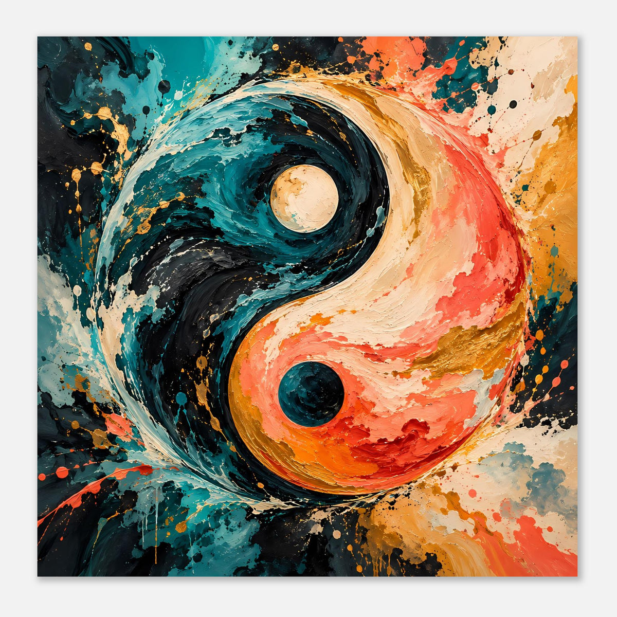 Abstraktes Yin-Yang-Poster: yin-yang Spirale mit Sprenkeln in Türkis, Orange und Creme