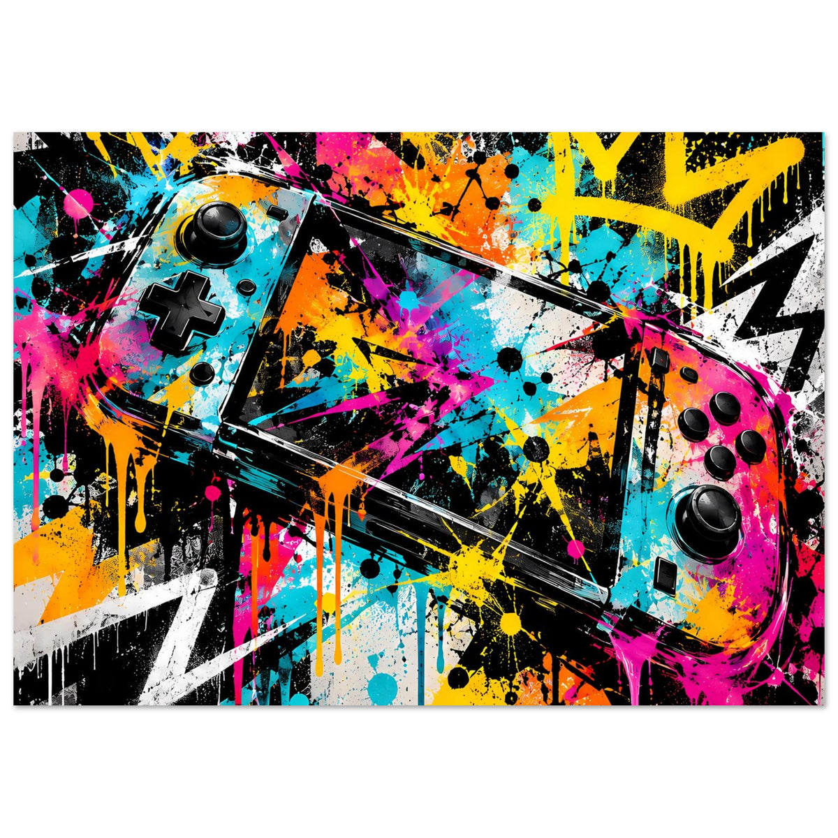 Gaming-Poster im Querformat mit buntem Graffiti und rundem Controller-Element, mattes Papier
