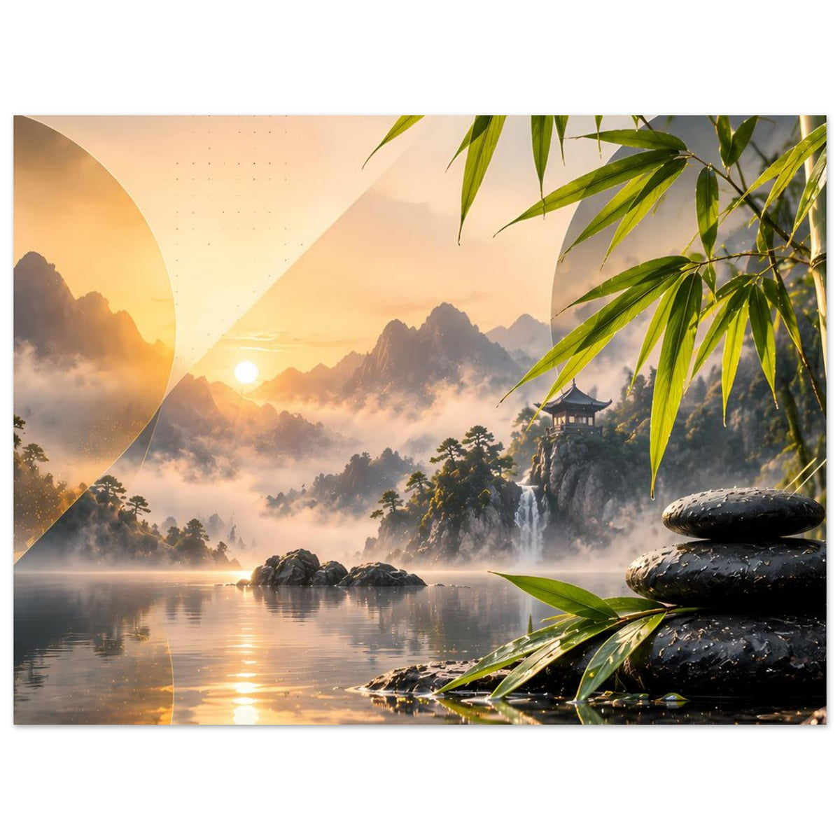 Zen-Bergsee-Poster im Querformat mit Bambus am Rand, Sonnenaufgang, Nebelbergen und Steinstapel