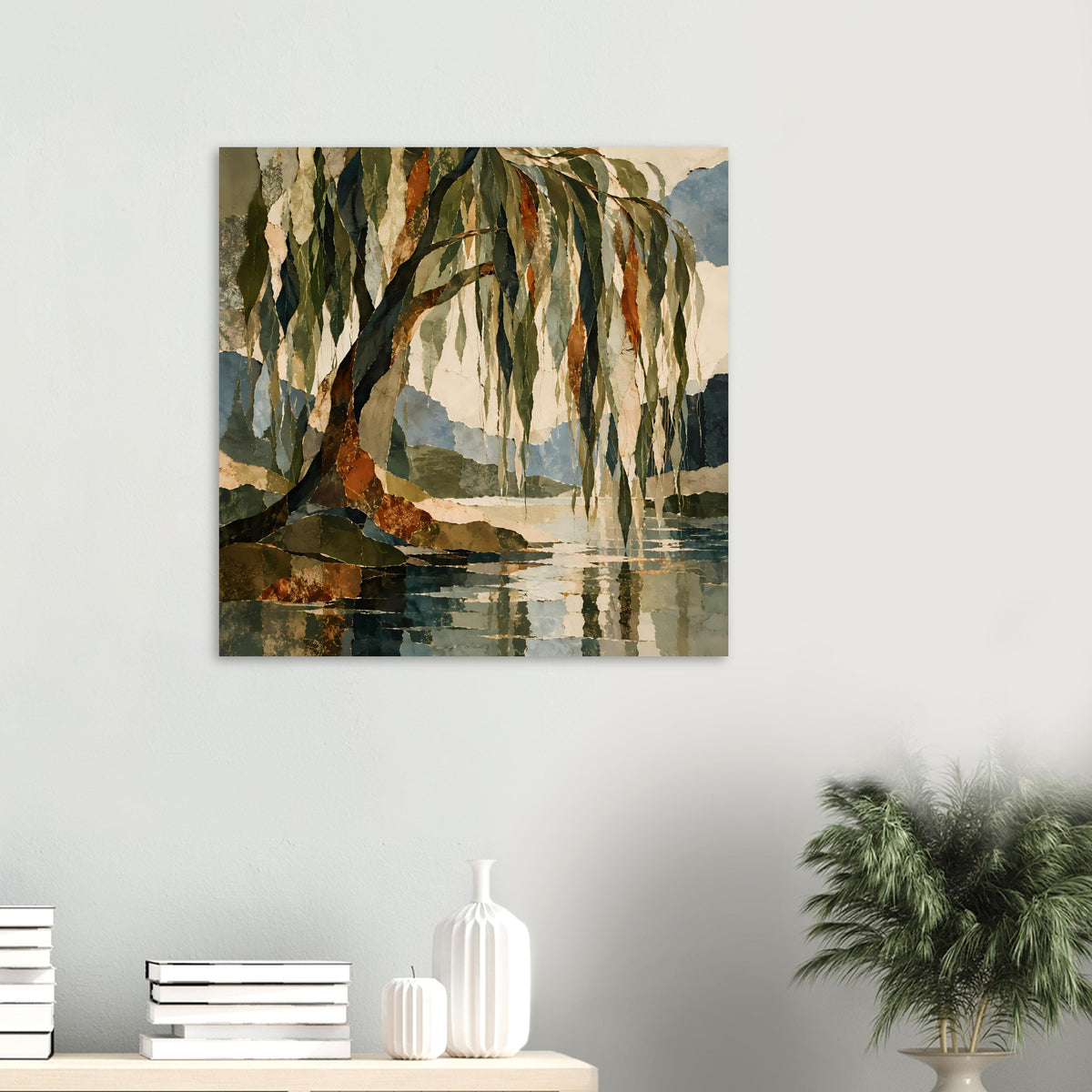 Wandposter im Querformat: Baum am Seeufer, Spiegelung im Wasser, Herbstfarben