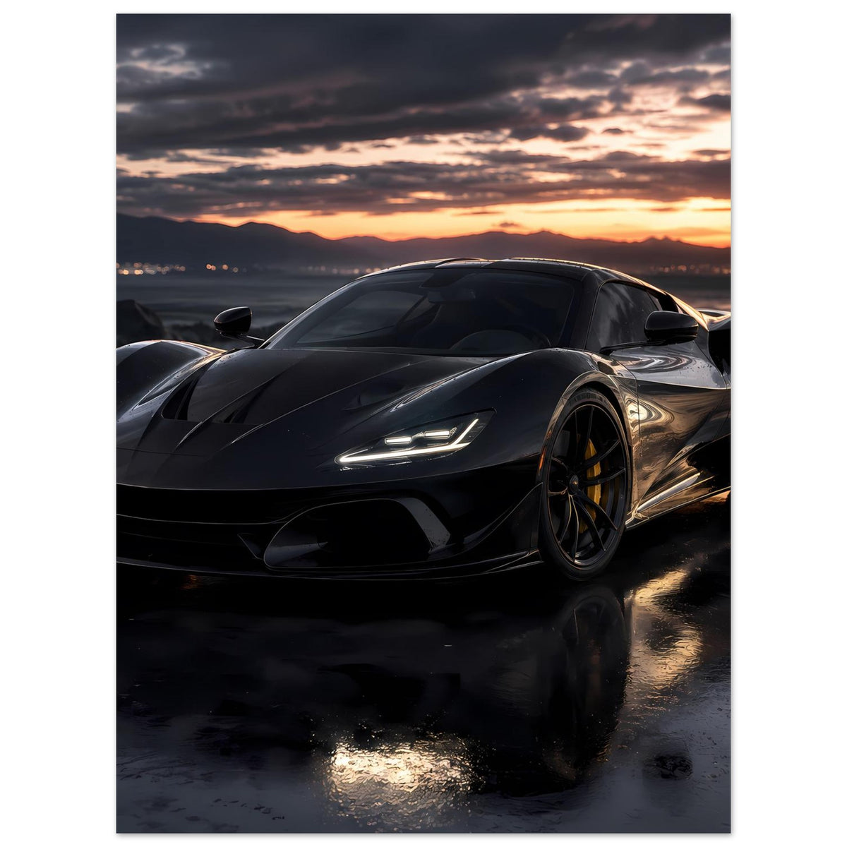 Sportwagen-Poster im Hochformat: schwarzer Flitzer, 3/4-Front, beleuchtete Scheinwerfer bei Sonnenuntergang