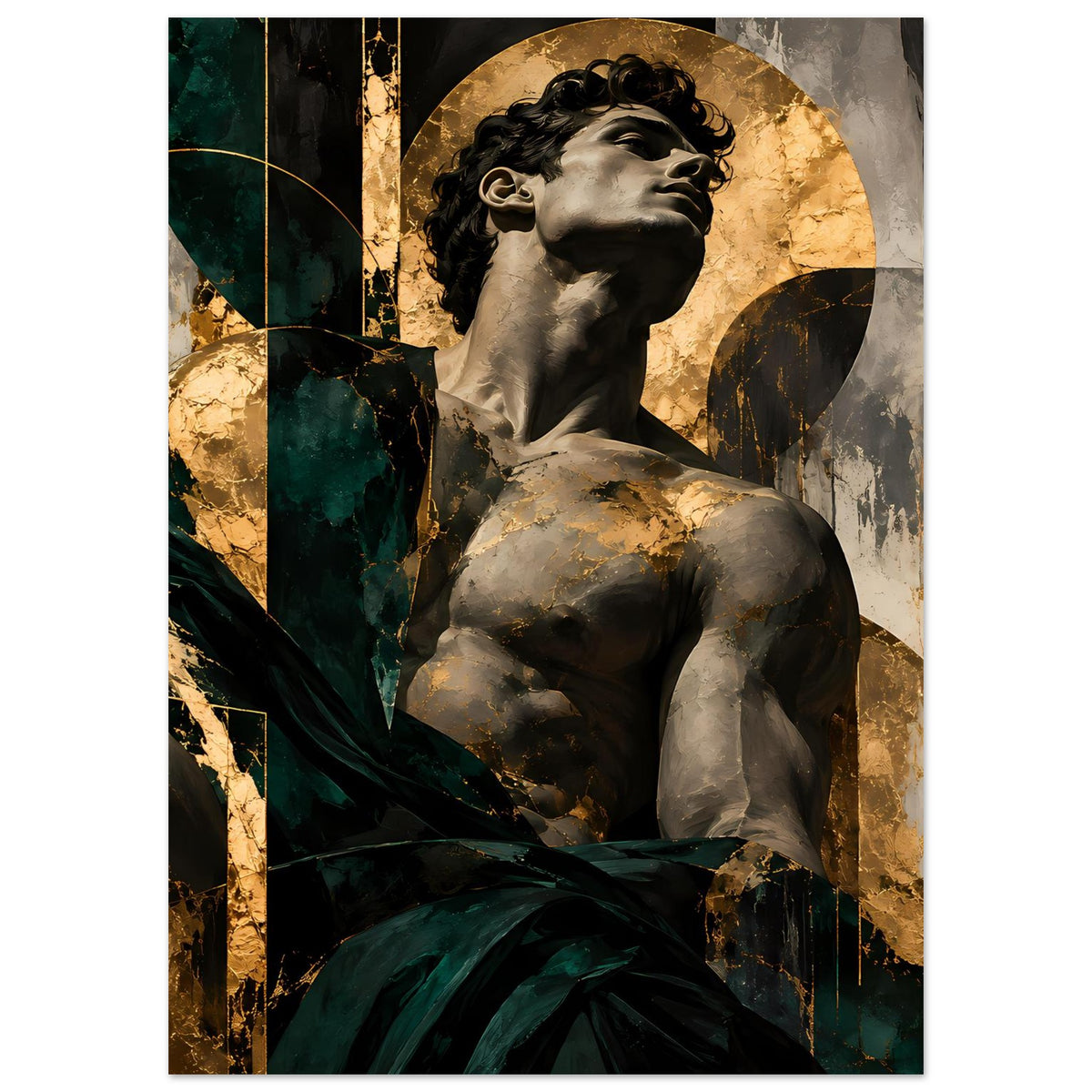 Kunstposter: Statue mit goldenem Kreis und grüner Drapierung, abstrakter barocker Stil