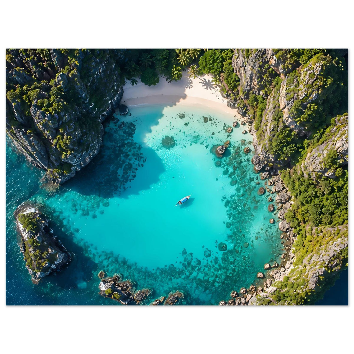 Poster mit türkisblauem Wasser, Felsenküste, Korallenriffen und sattgrünem Wald