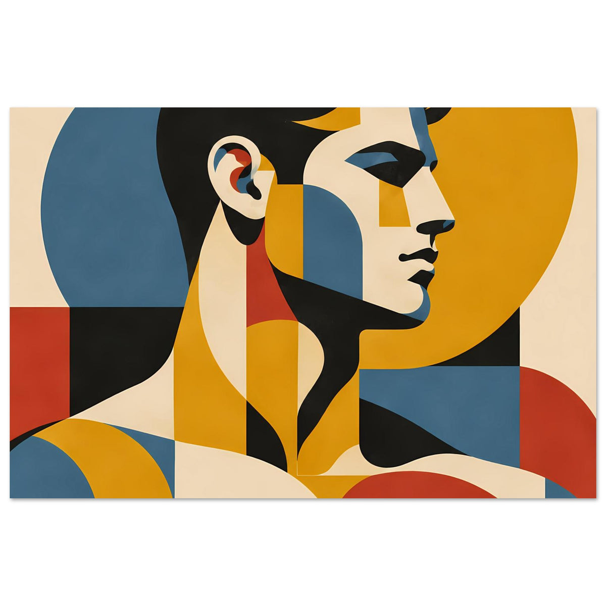 Horizontales Porträtposter mit stilisiertem Frauenprofil und geometrischem Muster in kräftigen Farben.