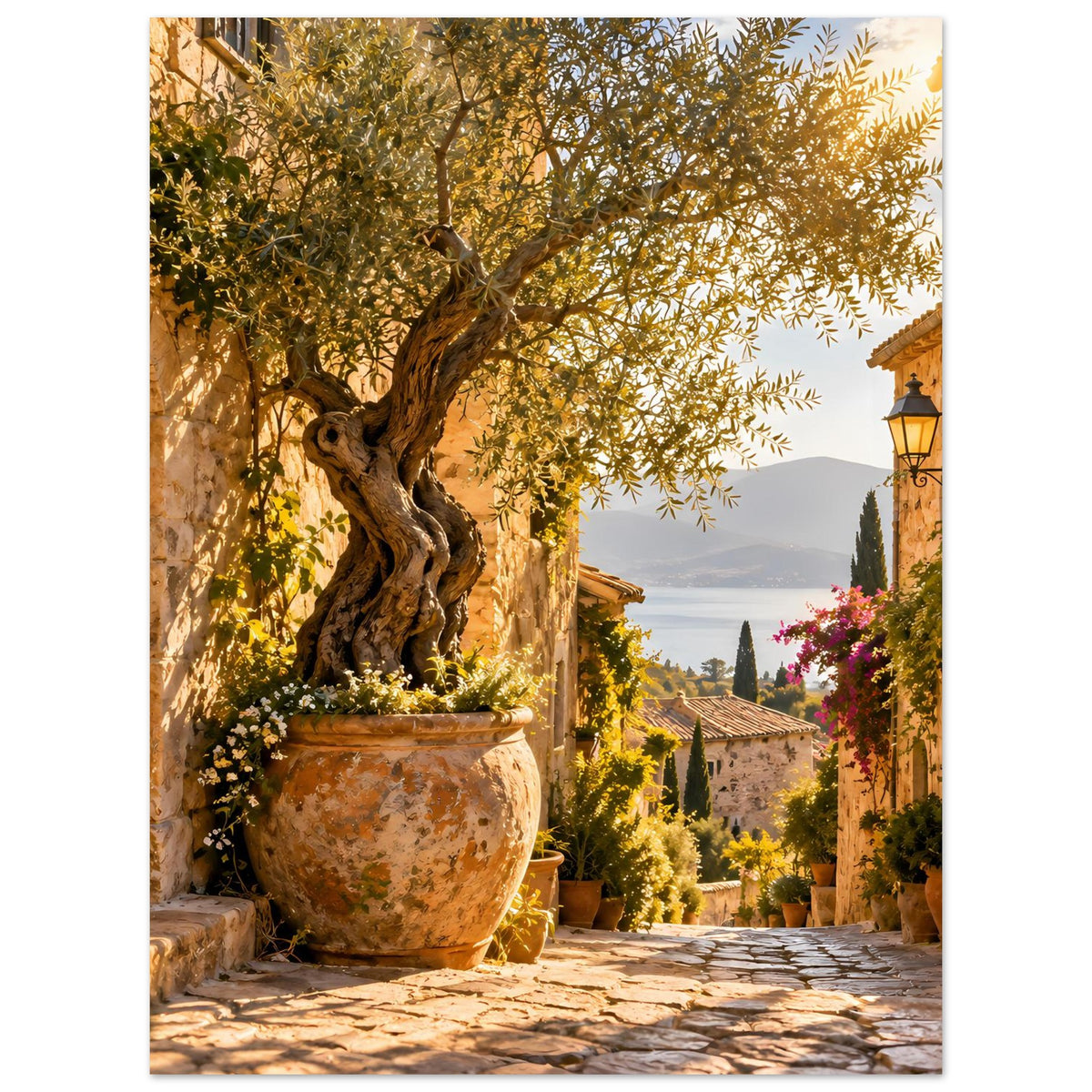 Wandposter: Olivenbaum im Topf, Steinpflaster und mediterrane Häuserzeile mit Pflanzen