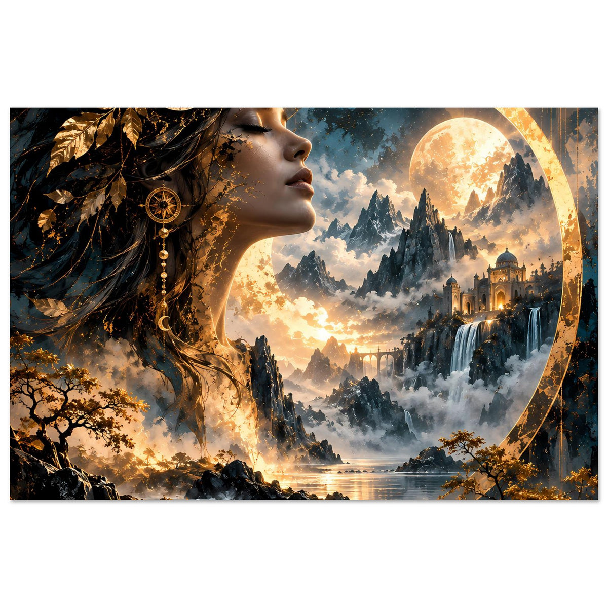 Querformatiges Poster mit Frauenprofil, goldenem Kreis, Sonne-Mond über See und Felsen
