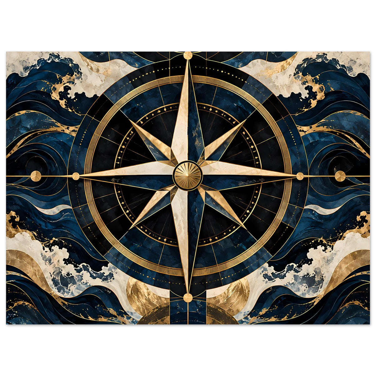 Maritimes Navigationsposter mit Kompassrose, Blau-Gold-Design mit Wellenornamenten