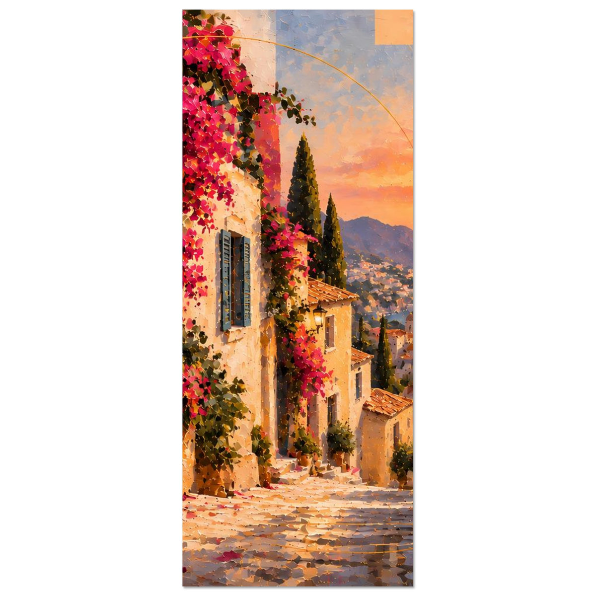 Vertikales Poster mit Häusern, floralen Akzenten und Sonnenuntergang über einer Bucht