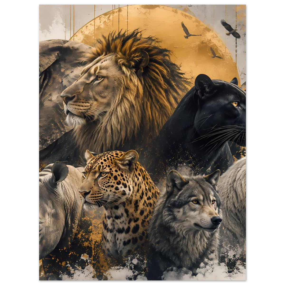 Wildtier-Poster (hochkant) mit Löwe, Panther, Leopard, Wölfen und Elefant