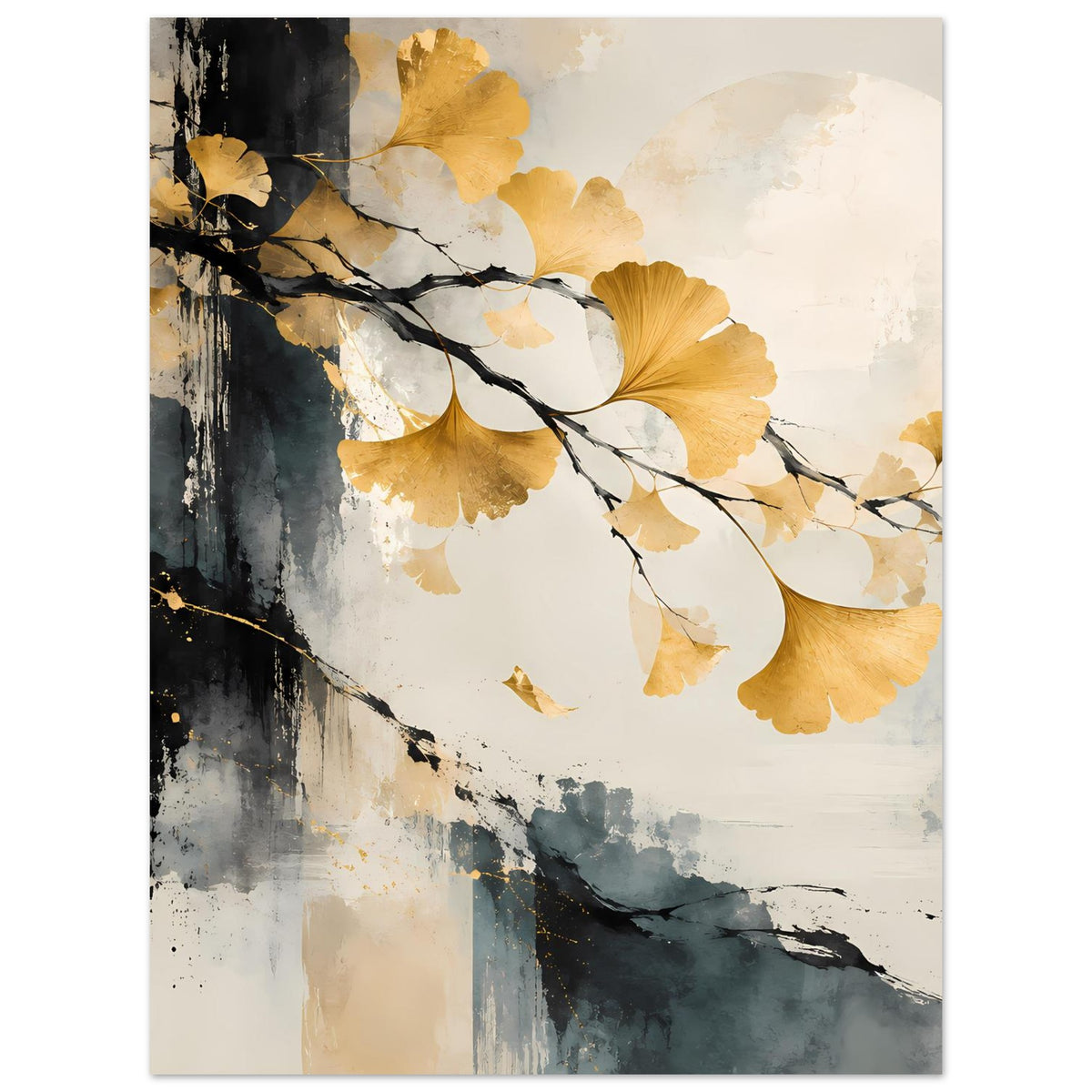 Kunst-Poster mit goldenen Ginkgoblättern am Ast, abstraktes Aquarell mit dunklen Spritzern