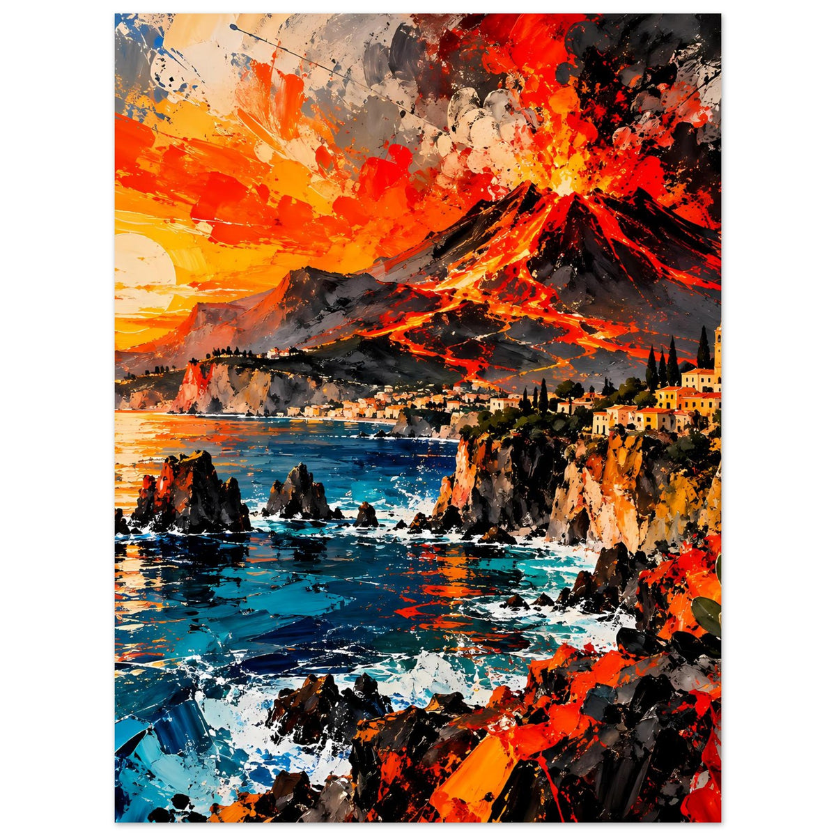 Poster im Quadrat-/Nahformat: Vulkan, Lava und Küstenort mit Meer im Farbexplosionsstil