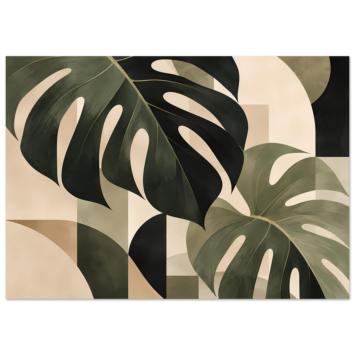 Botanikposter mit abstrakten Monstera-Blättern in Salbeigrün, Beige und dunklen Grüntönen