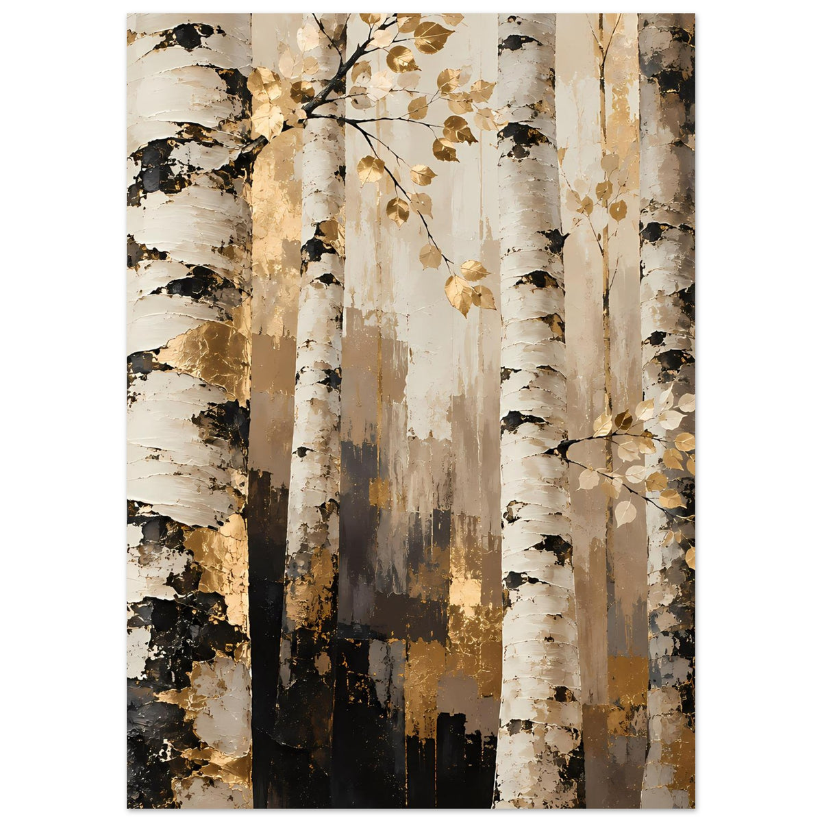 Naturposter mit vertikalen Birkenstämmen, goldgelbem Laub und dunklen Schattenzonen.