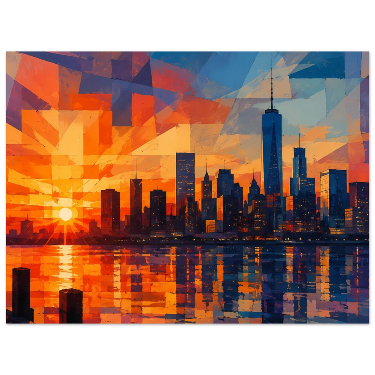 Horizontales Poster mit abstrakter Skyline und reflektierender Wasseroberfläche, orange und blau