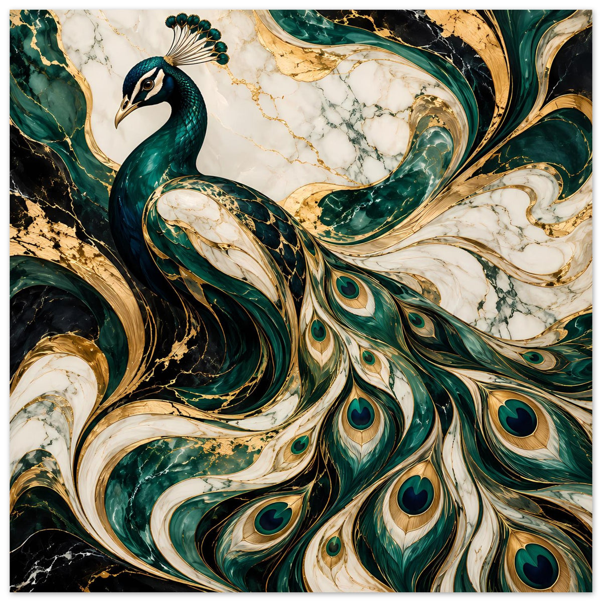 Pfau-Poster mit fließenden Federschwüngen, smaragdgrünem Gefieder und goldenen Akzenten