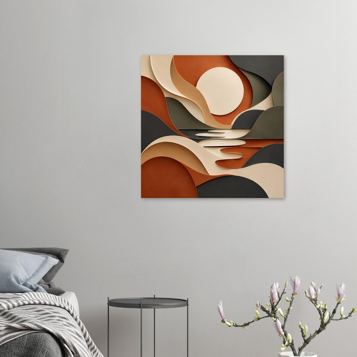 Kunstposter (kleines Motiv) mit Kreis- und Bogenformen in Terrakotta, Salbeigrün und Beige