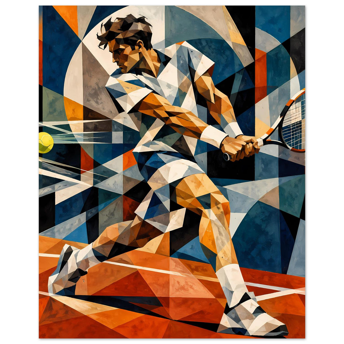 Kunst-Poster: polygonaler Tennis-Spieler im Sprint, Tennisschläger mit orangem Rand