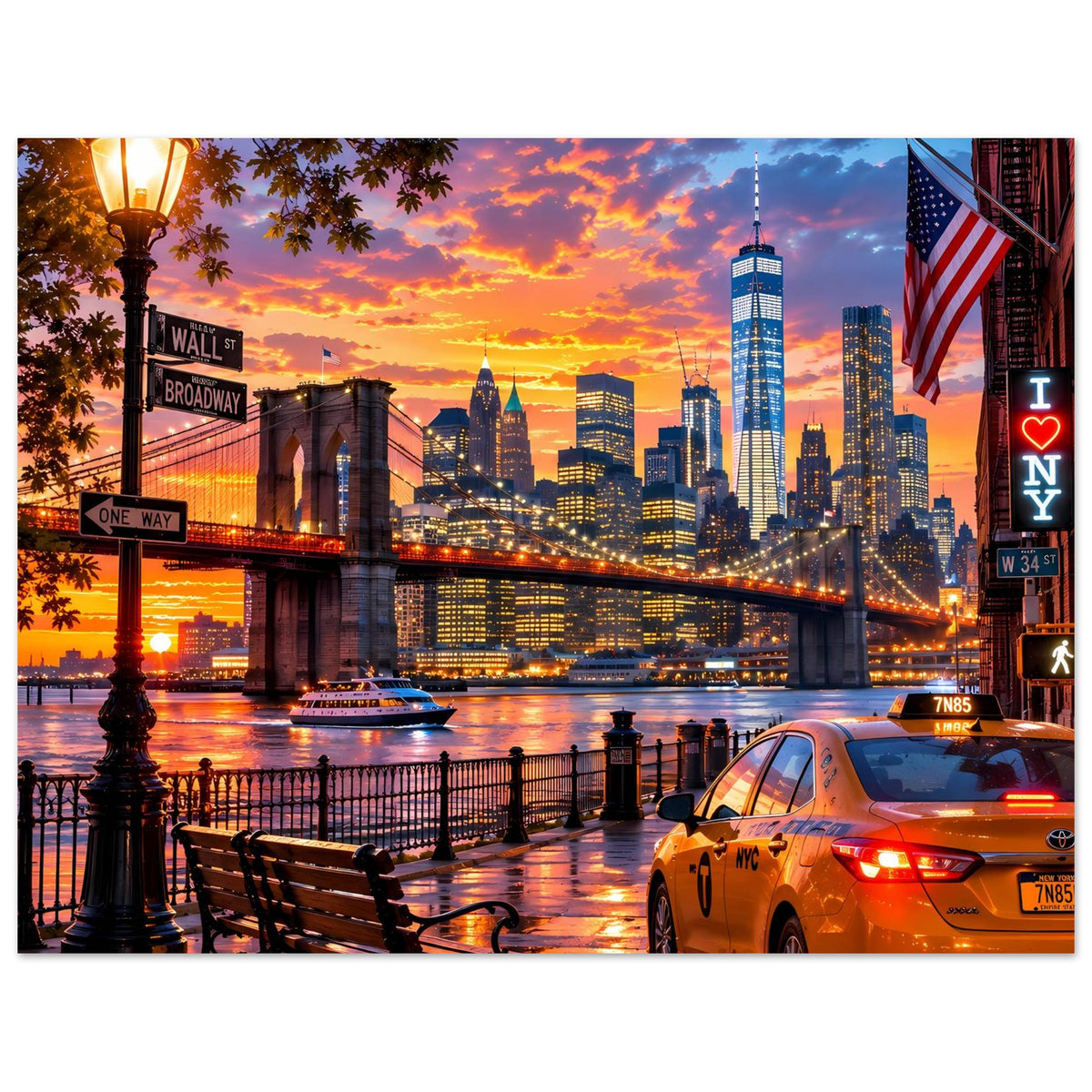 Poster mit New York City Skyline bei Sonnenuntergang, Brücke, US-Fahne und gelbes Taxi
