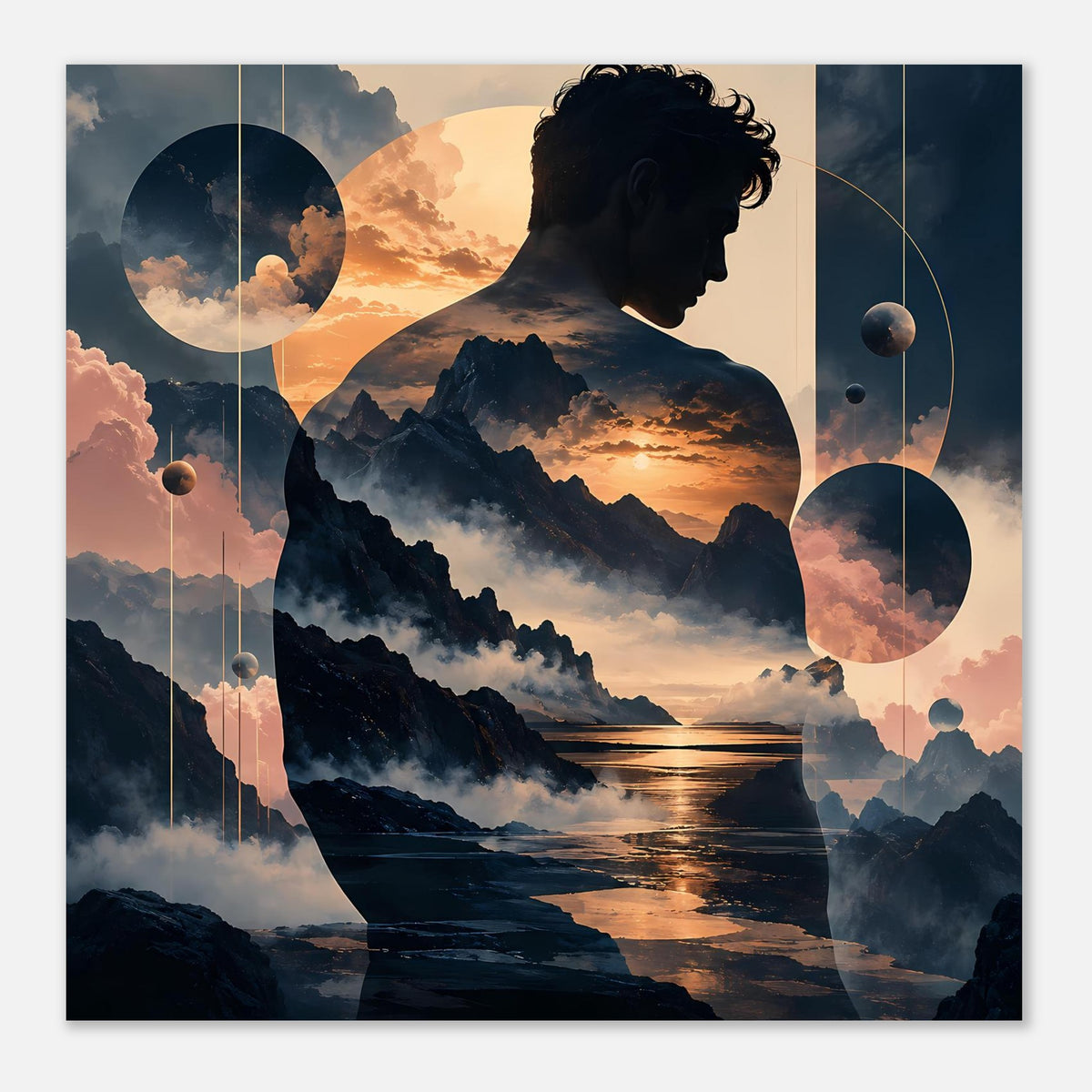 Poster: Mannprofil mit Berge und Meer bei Sonnenuntergang, mehrere transparente Kreisformen