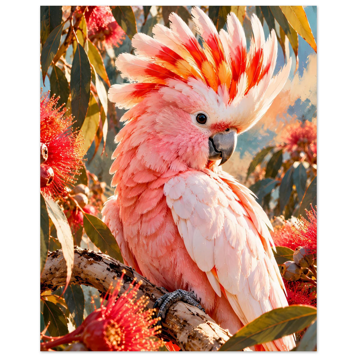 Poster mit rosa Kakadu auf Ast, große Federhaube weiß-rot, rote Blüten und Blätter