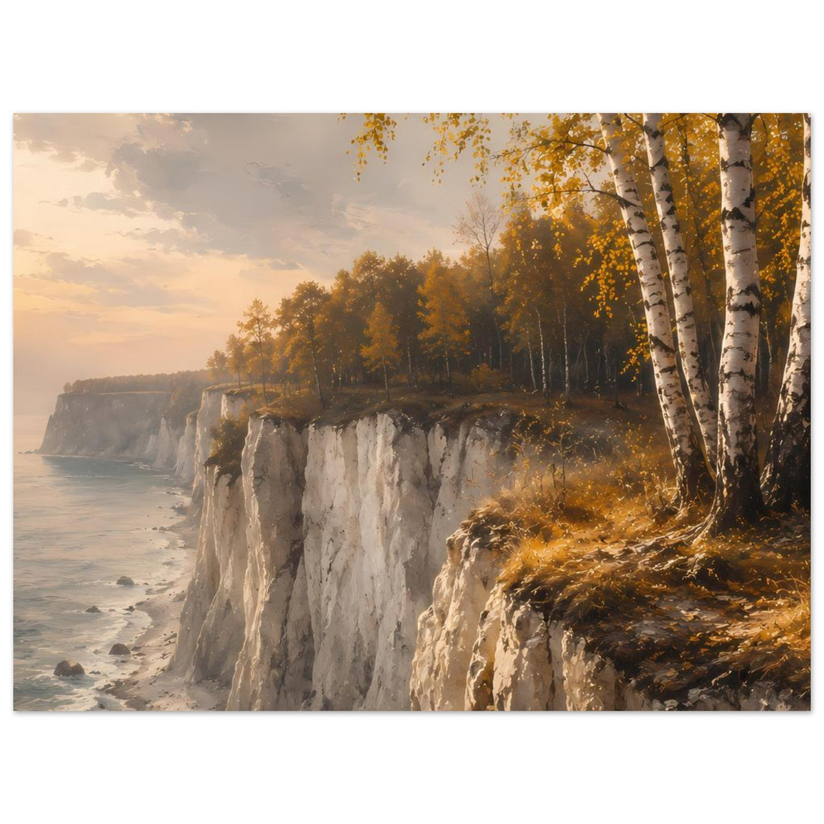Herbstküstenlandschaftsposter mit Steilküste, Meer und Birken im goldenen Licht, matt