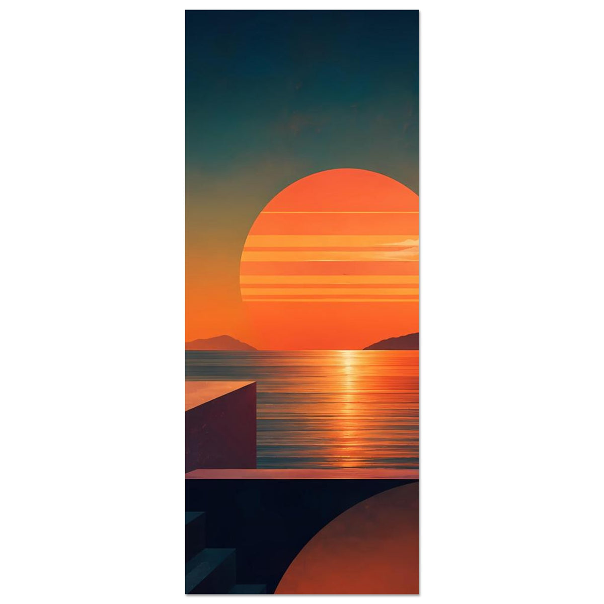 Hochformat-Poster: orange Kreis-Sonne am Meer, abstrakte Blöcke im unteren linken Bereich
