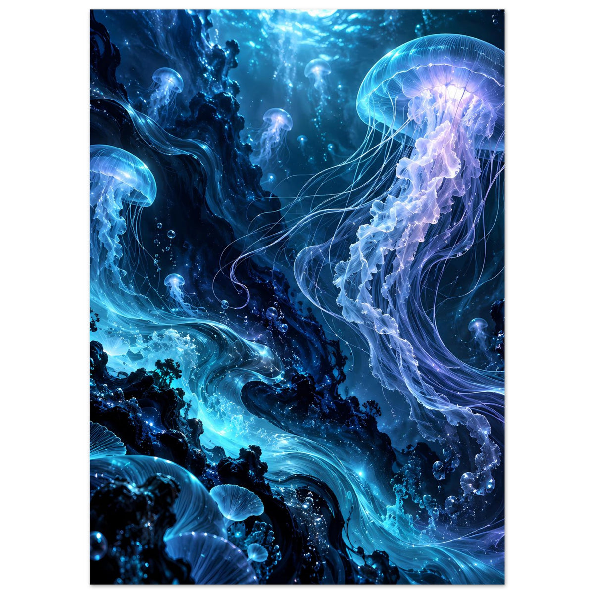 Unterwasser-Poster mit mehreren leuchtenden Quallen in tiefem Blau