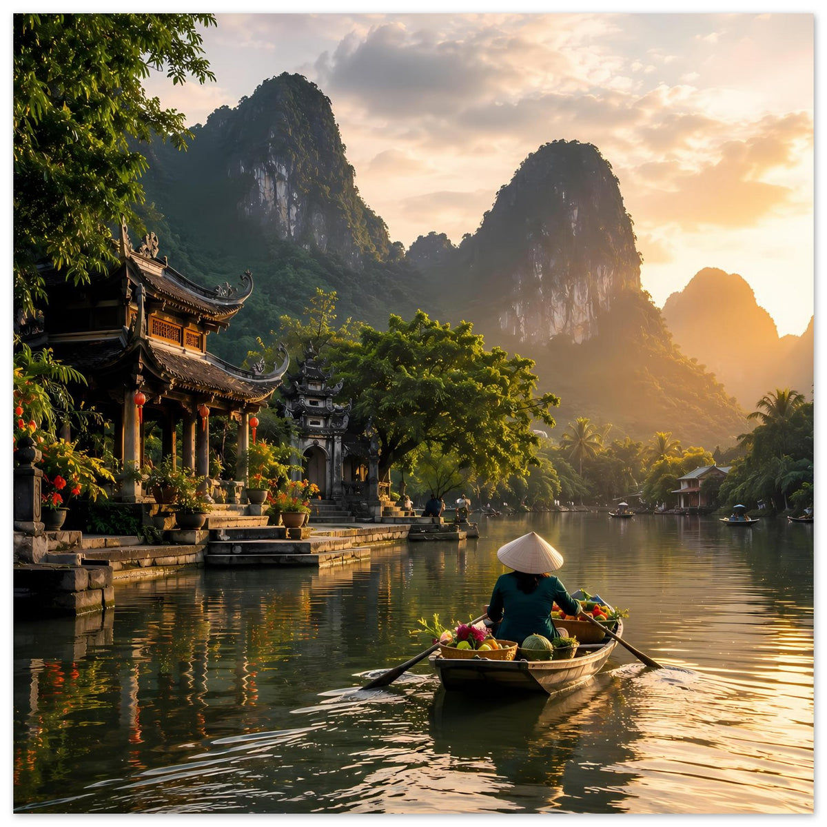 Kunstposter: ruhiger Fluss mit Boot, goldener Abendsonne und Bergkulisse