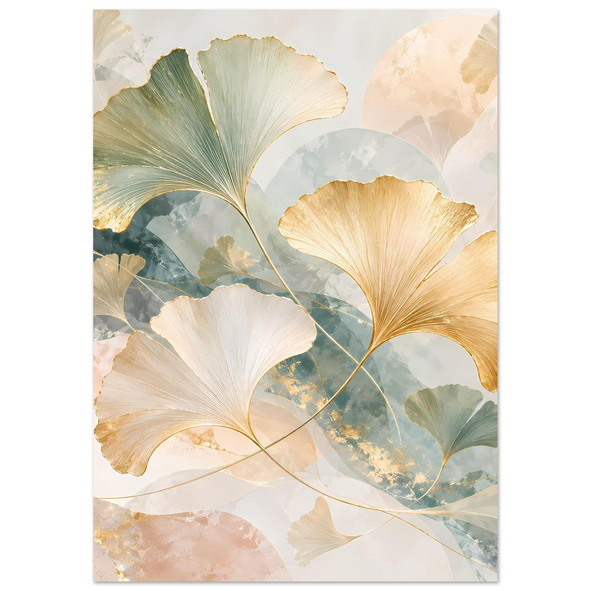 Poster mit Ginkgo-Blättern in Gold, Pastellgrün und Creme mit feinen Linien