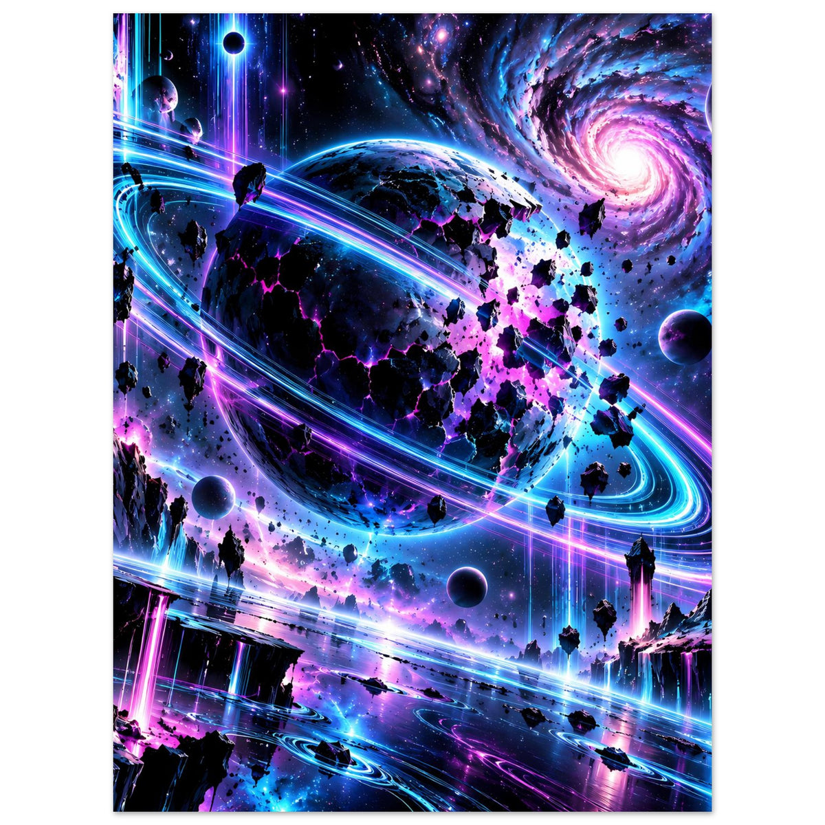Neon-Galaxie-Poster im Hochformat mit Weltraumkulisse, Planeten, violetten Kometenschweifen und Neonlinien.