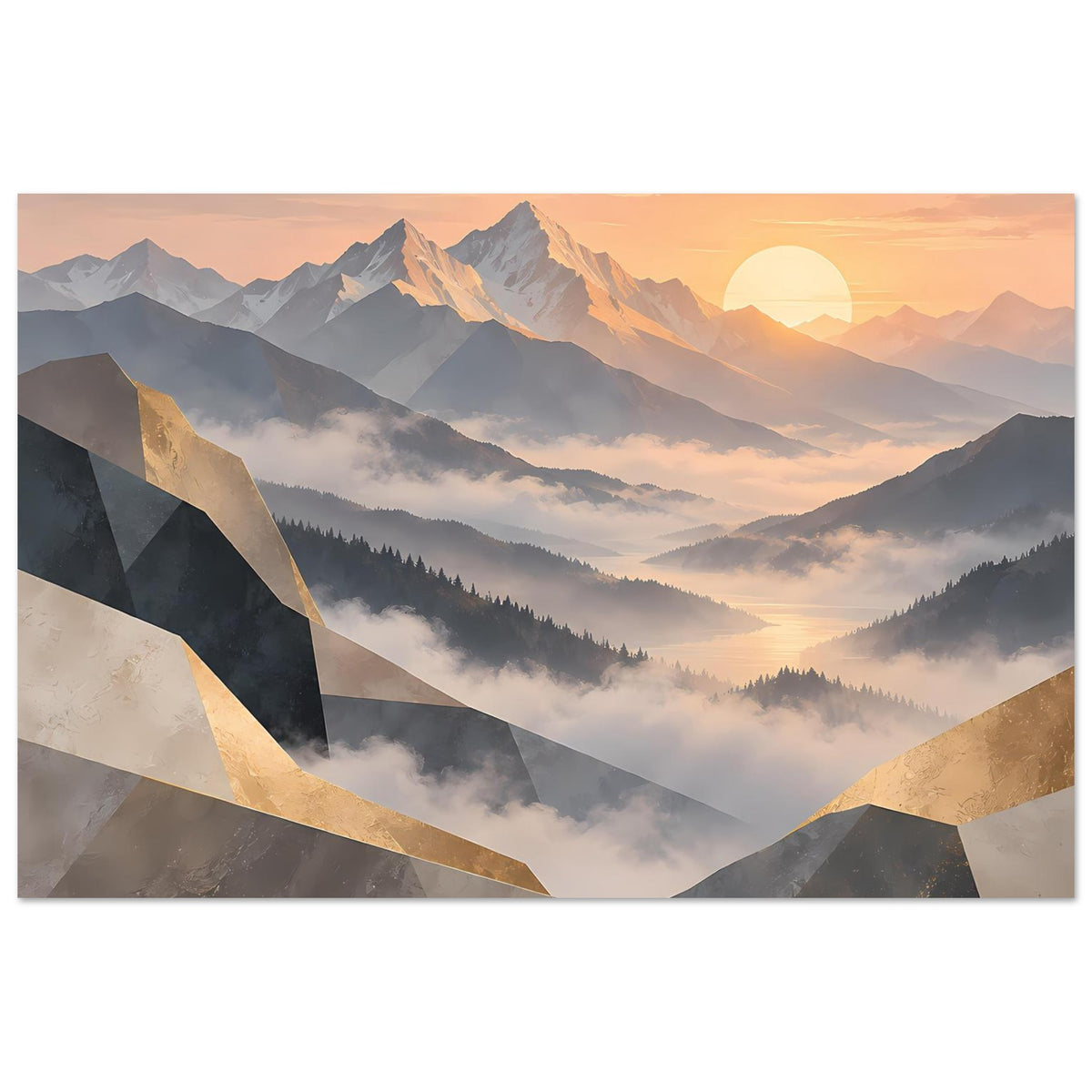 Horizontales Poster mit Bergblick bei Sonnenaufgang, goldene Akzentbänder, Dunst