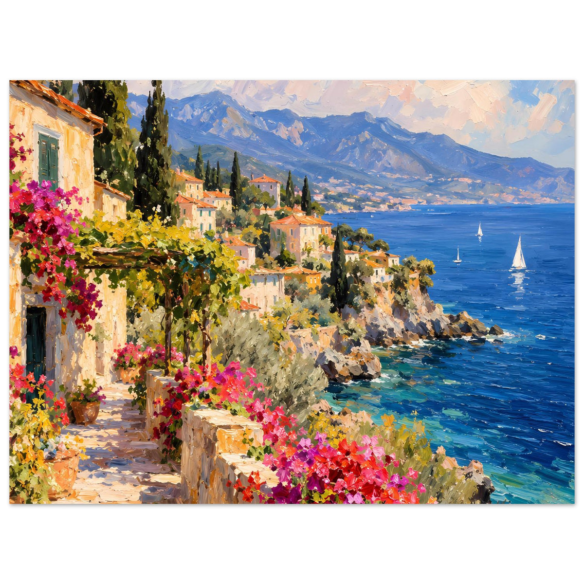 Kunstdruck-Poster mediterrane Küste: Häuserreihe, blühende Pflanzen, Segelboote im Meer