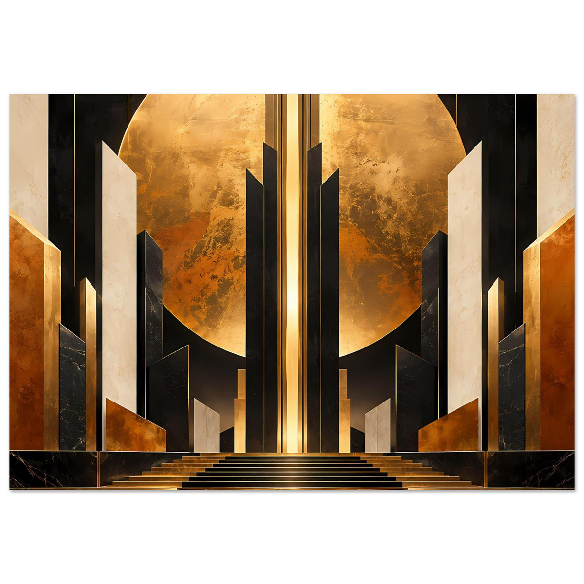 Art-deco Poster mit zentralen Leuchtsäulen, gold-schwarzem Säulengang und Treppenstufen