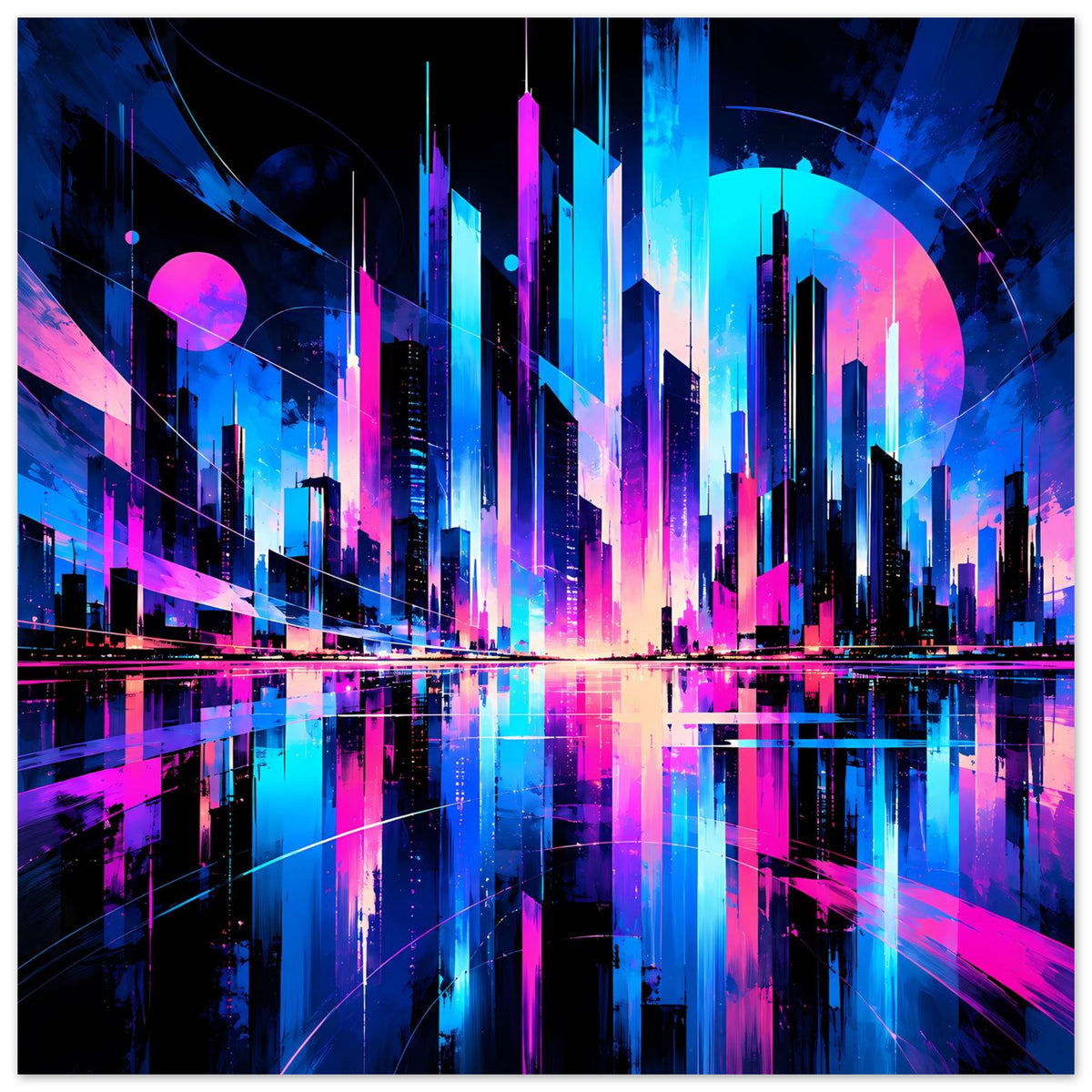 Neon-Stadtbild-Poster (Hochformat) mit Skyline und farbigen Lichtreflexen in Blau/Pink