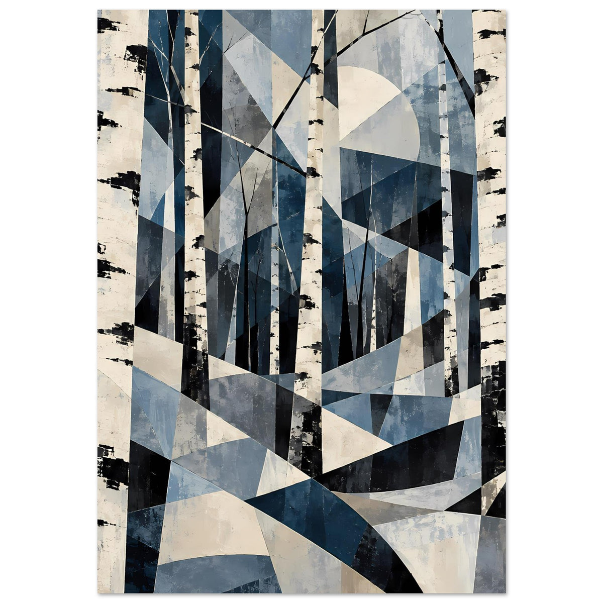 Abstraktes Naturposter mit Birkenwald-Muster, rechteckige und dreieckige Flächen in Blau