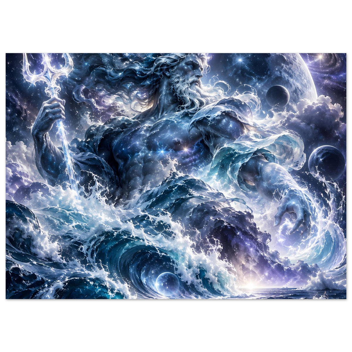 Poster im Querformat: Ozeangott im Sturm, leuchtende Wasserwirbel und Sterne