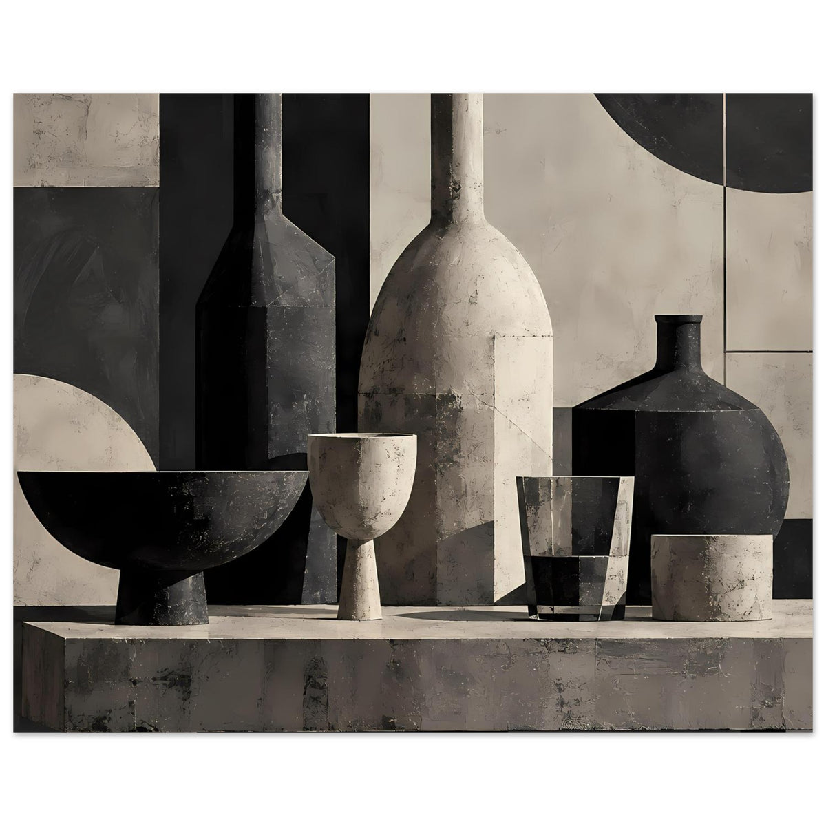 Still-Life-Poster: schwarzer Flakon, helle Flasche und Becher im monochromen Design