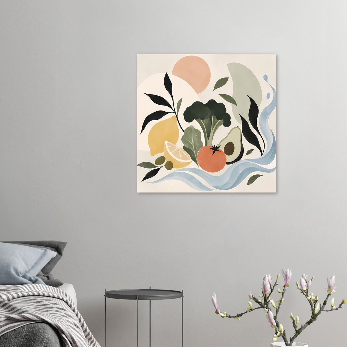 Kleines botanisches Poster im Rahmen mit abstrakter Pflanzenkomposition und hellblauen Wellenlinien