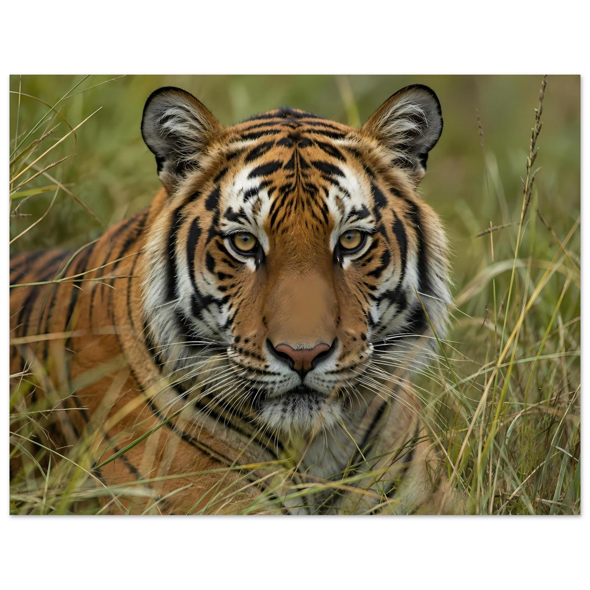 Wildtier-Poster mit majestätischem Tiger im Gras, frontal mit Blick in die Kamera