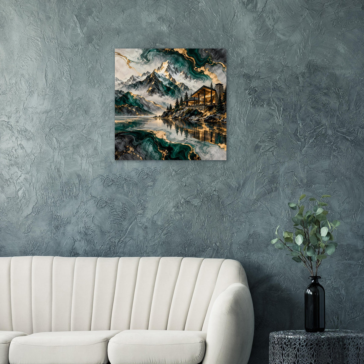 Berglandschaft-Poster mit See, Chalet im Abendlicht und goldenen Konturen, türkisgrüne Schlieren