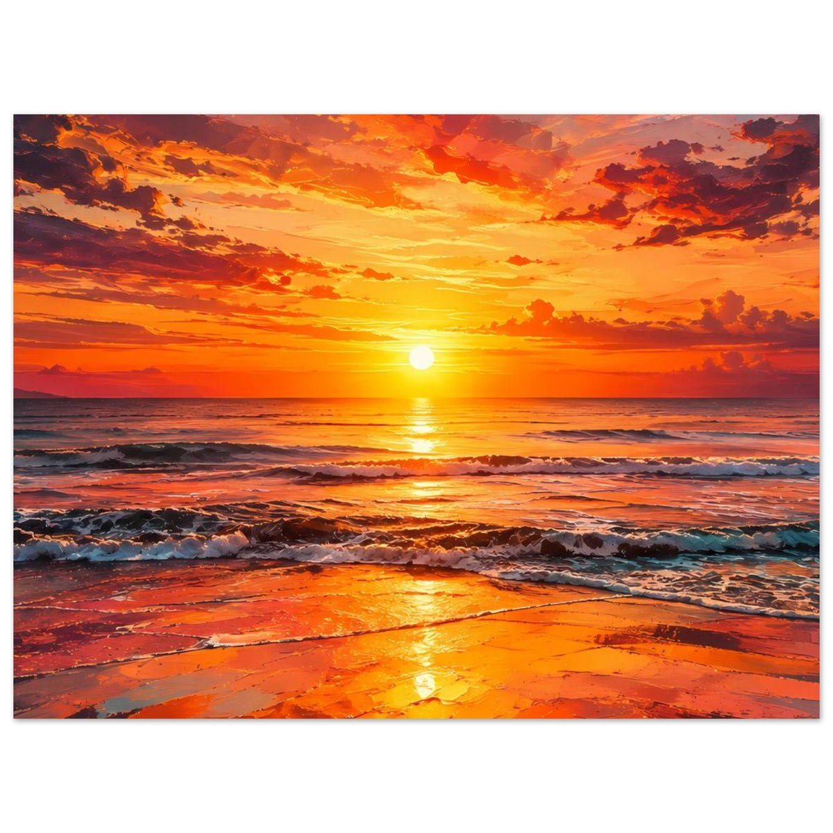 Wandposter mit Meerblick zum Sonnenaufgang, orange Wolken und Wasser mit Glanzreflexen