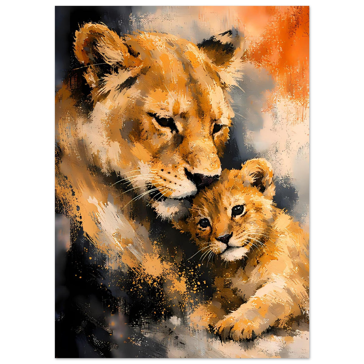 Wandposter mit Löwin und Jungtier, warmes Orange-Gelb, vertikal mit vollständigem Rand