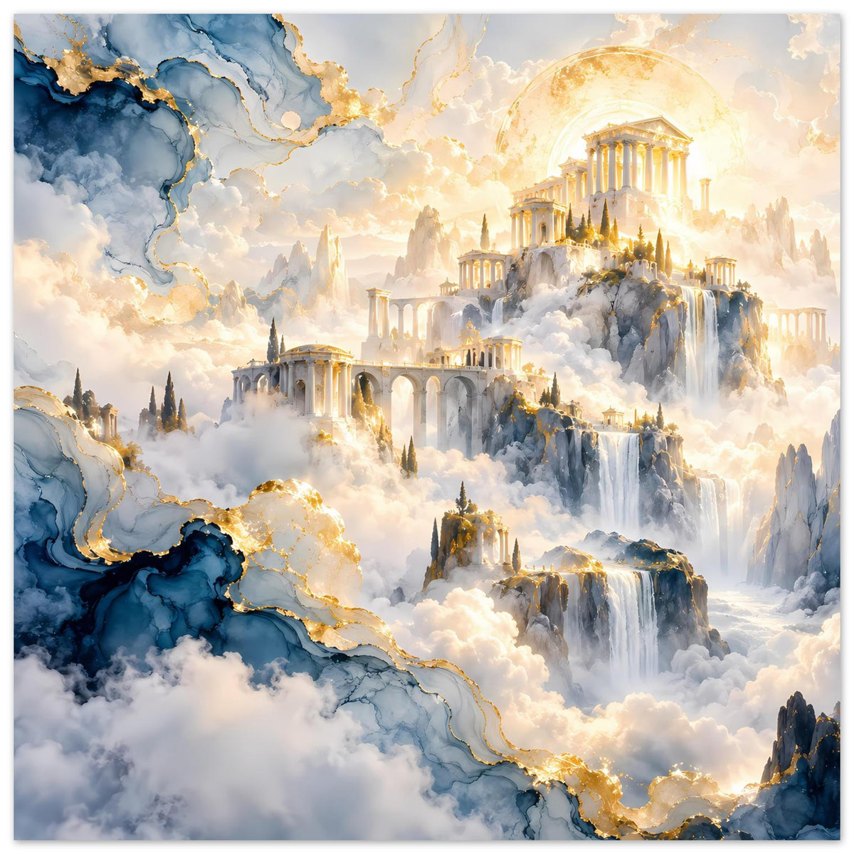 Kunstposter im Hochformat mit goldener Tempelstadt, Wasserfällen und blau-goldenen Felsadern