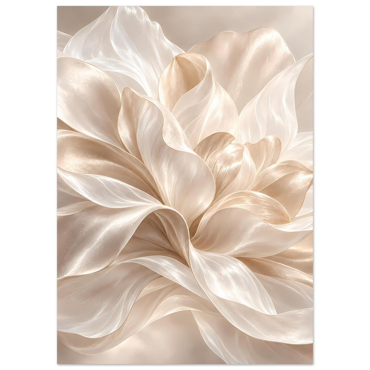 Hochformatiges Floralposter: cremefarbene Seidenblüten mit feinen Falten