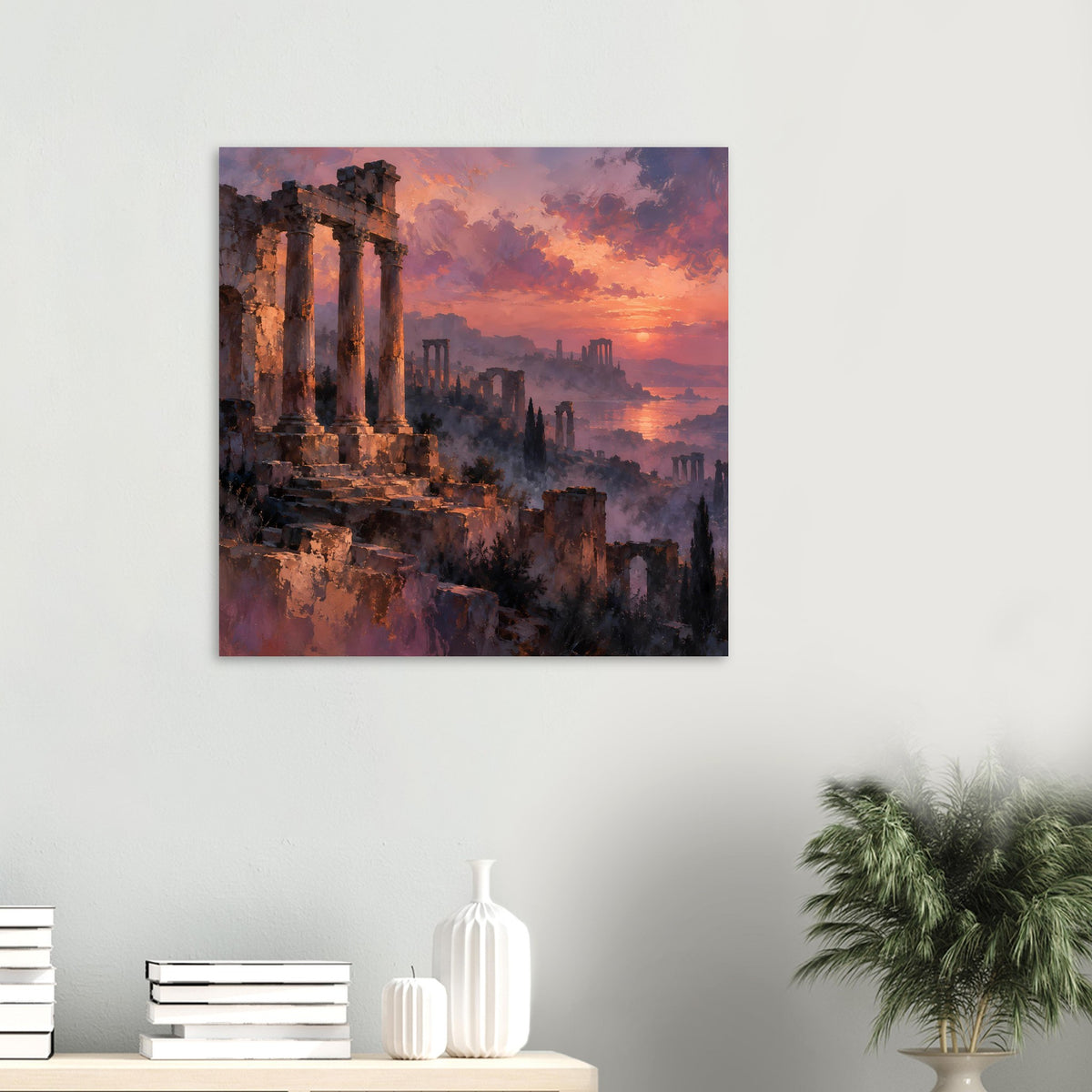Quadratisches Poster mit Ruinenlandschaft, Sonnenuntergang in Orange und Violett
