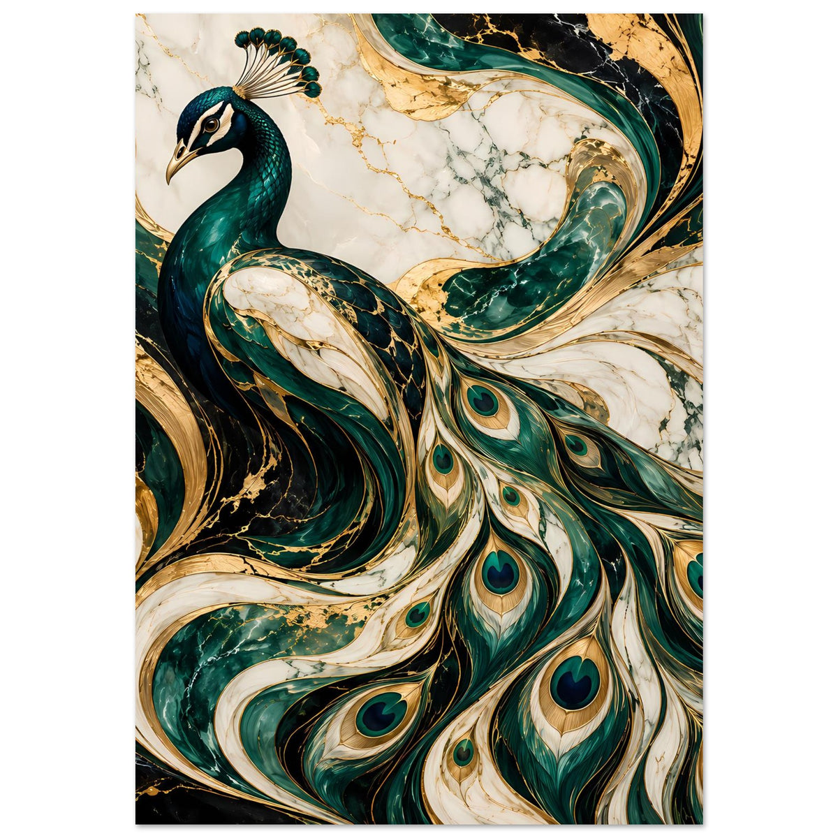 Pfau-Poster mit türkisgrüner Schwanzfeder und goldenen Wirbeln, Pfauenaugen im Bild