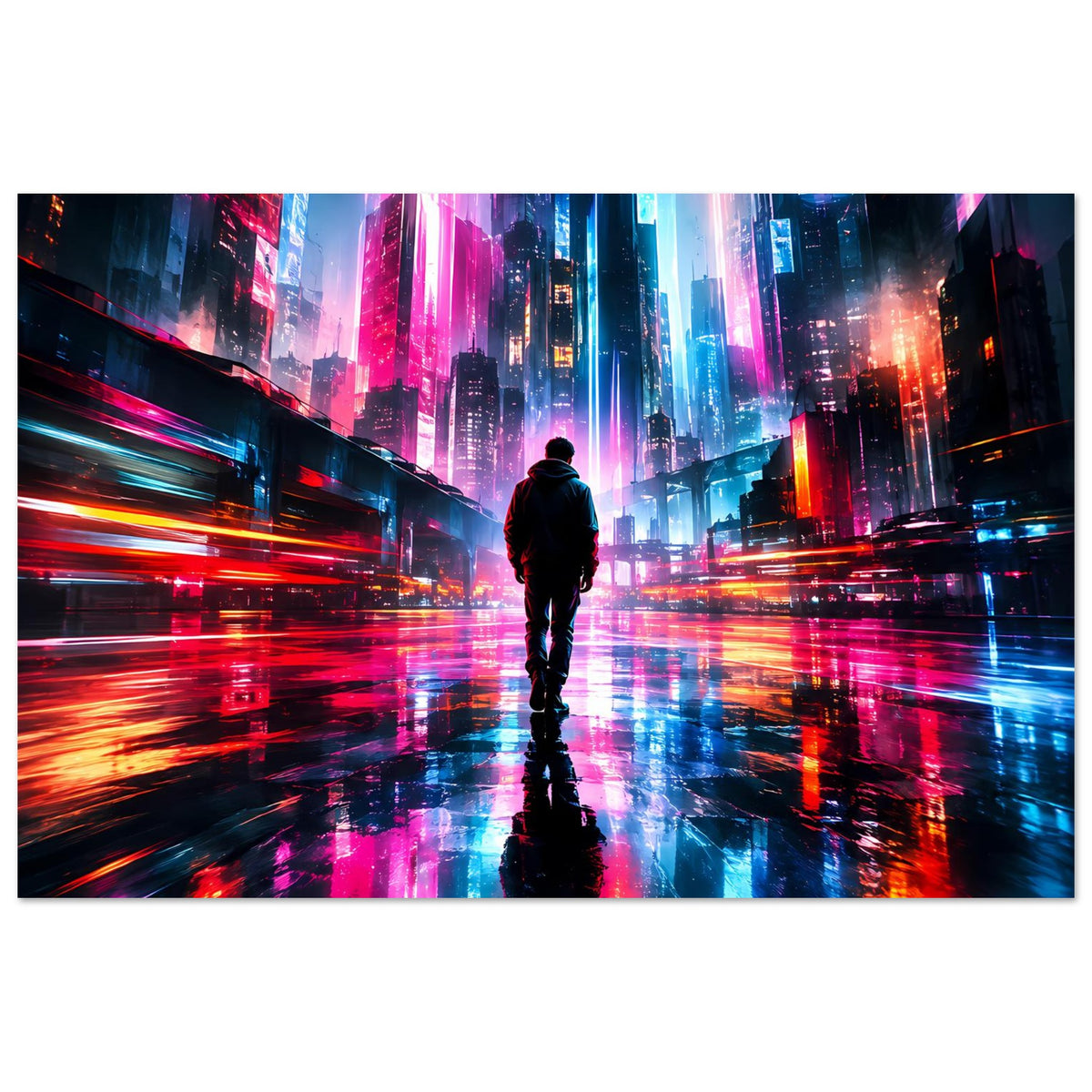 Querformat-Cyberpunk-Poster: Neonhochhäuser und Personensilhouette vor reflektierender Straße.